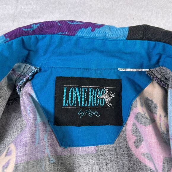 Vintage Lone Roo By Roper Western Shirt Black Purple Cowboy Geometric Print READ - Picture 14 of 16